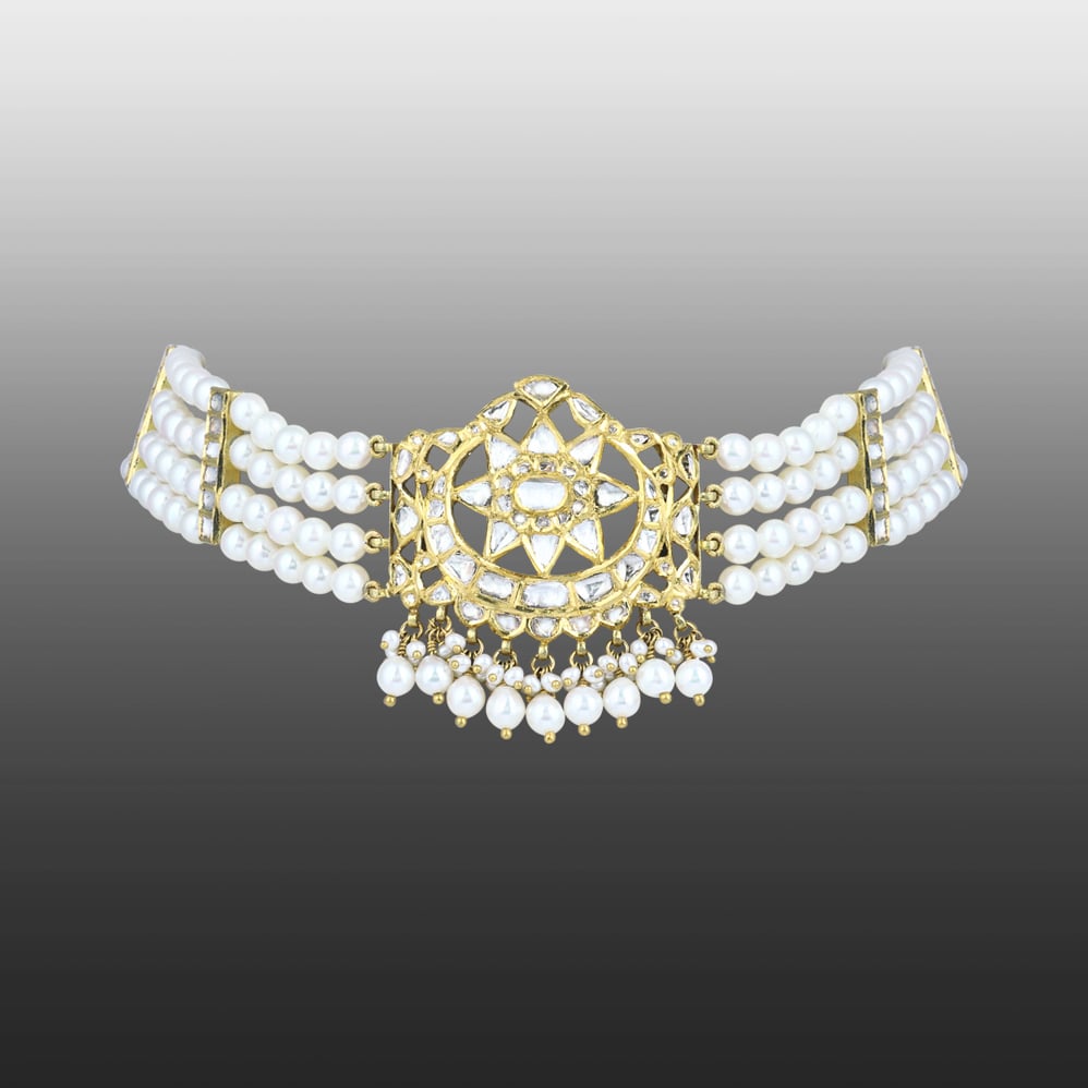 Polki Choker with Pearl Strands and Geometric Central Motif